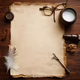 the old fashioned paper has been set on a table with feather, ink and candles