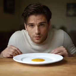 the young man is looking down on his egg on a plate
