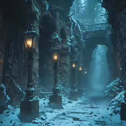 an alley way has snow, street lights and stone bridges