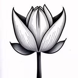 the illustration shows a large white flower with two black leaves,a drawing of a lotus flower