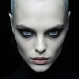 an alien woman with white hair, blue eyes and a black outfit