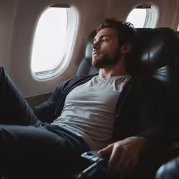 a man laying down on a airplane in the seat
