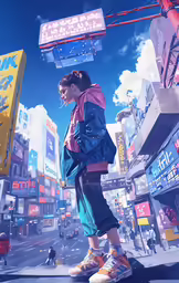 a man standing on the side of a street next to tall buildings