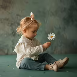a little girl sitting on the ground and holding a flower