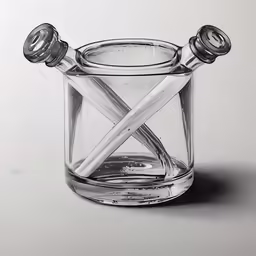 a glass container with two scissors in it