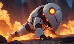 a character in a futuristic suit is in flames