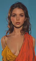 the model poses in an orange and yellow one shoulder dress