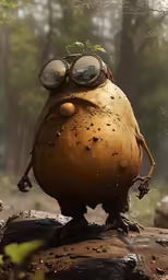 a brown, funny looking plant in goggles sits on top of some rocks