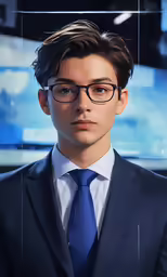 a young man in a blue suit and blue tie