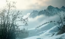 trees stand in the snow with a mountain range in the background