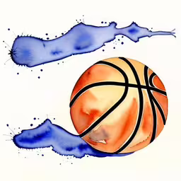 a basketball next to an abstract blue splotter,an orange and blue basketball ball sitting on top of a floor,a water color painting of a basketball ball,a basketball and water is floating up into the air,a watercolor painting of a basketball ball and blue water