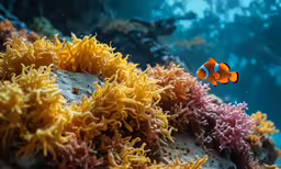 anemones and orange sea corals in the ocean