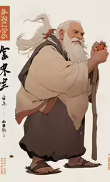 an oriental character with white hair and beard is squatted, holding a staff of a bird