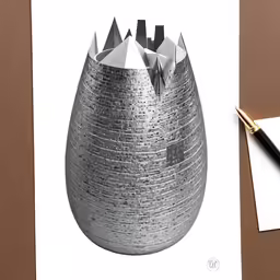 a vase with four pyramids in it next to a pen