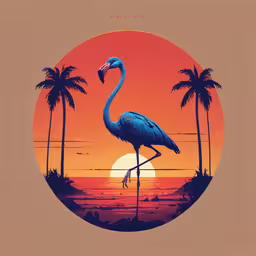 a bird is standing on the palm trees,a flamingo standing on two legs with palm trees around it