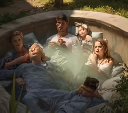 a group of people laying down in an outdoor hot tub