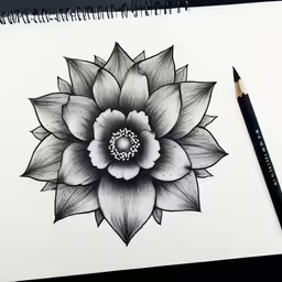 a black and white drawing of a lotus flower