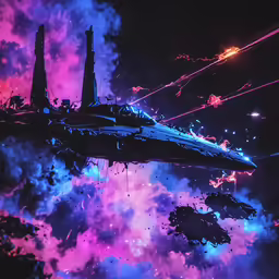 a strange picture with clouds, space ships and fireworks