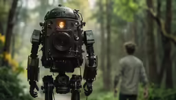 the large robot is walking through the woods