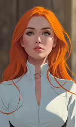a red - haired woman with long, wavy, red hair