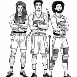 the three basketball players, one wearing long hair and one without,basketball players from the new york nets line up with their arms folded and pointing to the side,three basketball players standing next to each other,three basketball players are standing together while one has his arms crossed and the other with his head,three men standing next to each other holding baseball bats