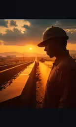 the person standing on the side of the road is looking at the sun