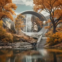 surreal scenery with waterfall and steps leading down to a lake surrounded by trees
