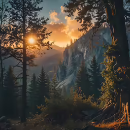 a forest with trees and sun shining down in the background