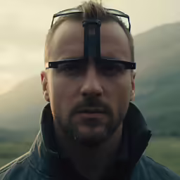 man with square black glasses on his head standing near mountains