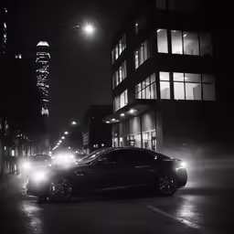 two cars driving down the street at night