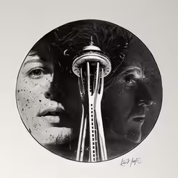 the faces and heads of two people in front of a space needle