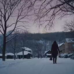 a person walking down a road covered in snow