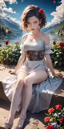 an attractive woman sitting on a ledge by a lake