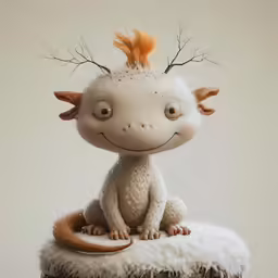 a white dragon with orange hair sitting on a cushion
