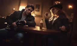 a young woman sitting at a table with a man