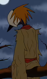 a person with long hair standing on a branch