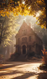 the sun is shining down on a small house