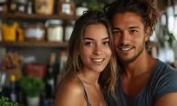 a young woman smiles next to a man