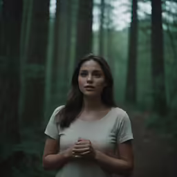 a woman with a serious look standing in a forest