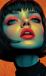 woman with blue and red eyes in front of an orange background