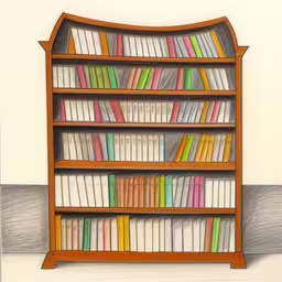 a drawing of a book case made of books and bookshelves,this is a drawing of an bookshelf in color,drawing of bookshelf with colored lines on it,an artistic drawing shows an old fashioned book shelf filled with books,a drawing of a bookshelf full of books