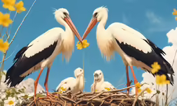 two long legged birds standing by each other in the nest