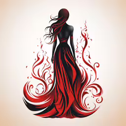 woman with flowing red hair in dress,the silhouette of a woman in a red dress