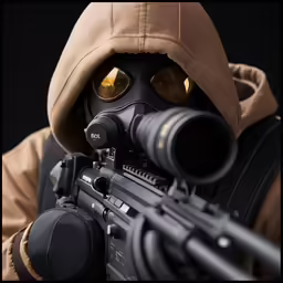 a man in a hood with a rifle