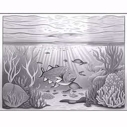 pencil drawing of underwater scene with fish and corals