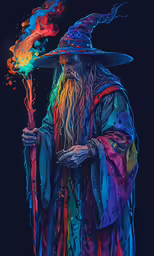 wizard with colored smoke in his hand and hat