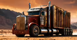 a semi truck with a large body in desert,this is a truck with two different metal tanks on the cab