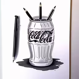 a drawing of a bottle that is not in use,a bottle of beer with three pencils sticking out of it