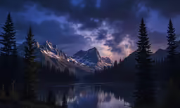 a lake near the mountains with pine trees under a cloudy sky