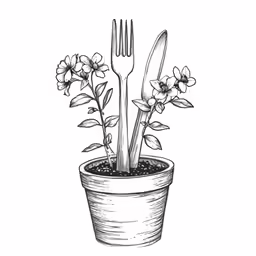 a pot full of dirt with forks and flowers